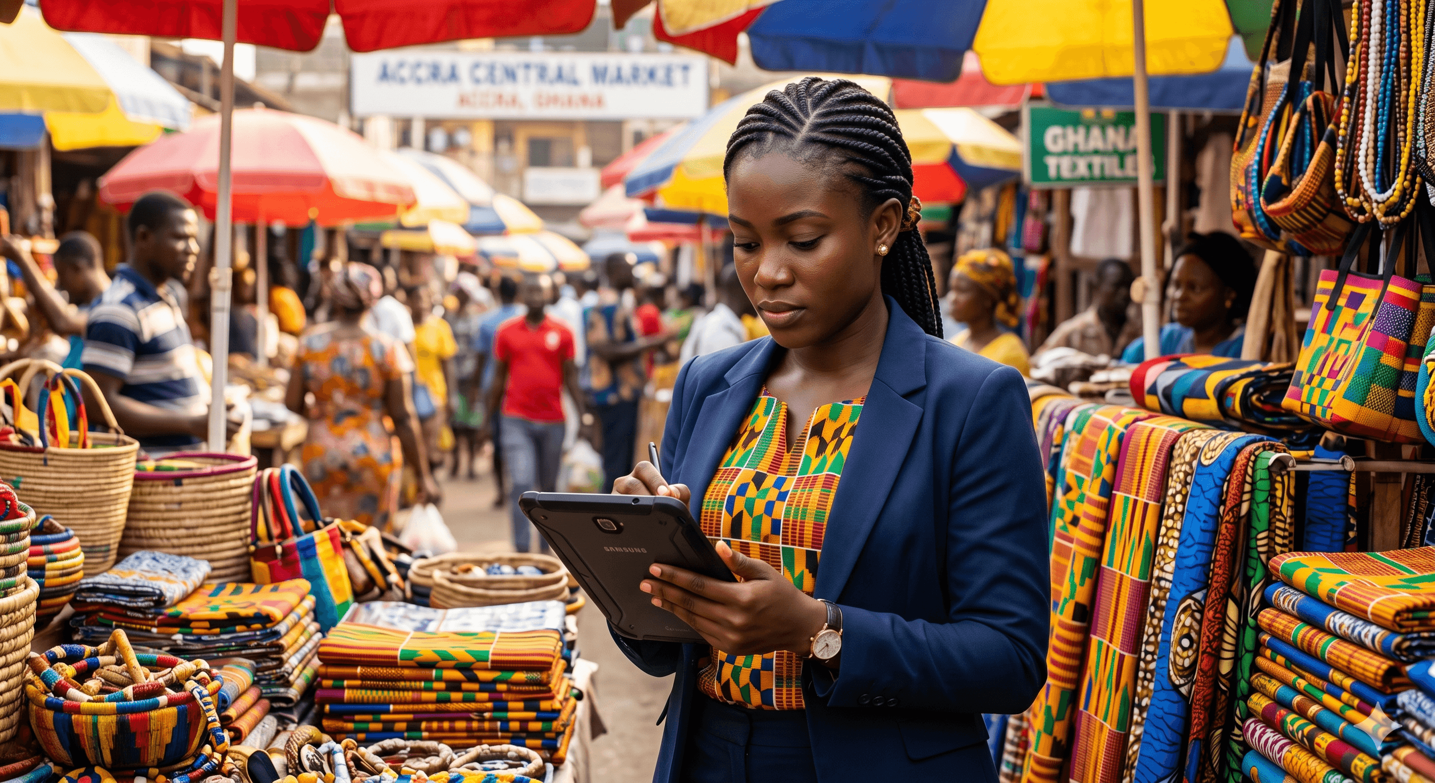 A focused local Ghanaian business owner in a vibrant marketplace